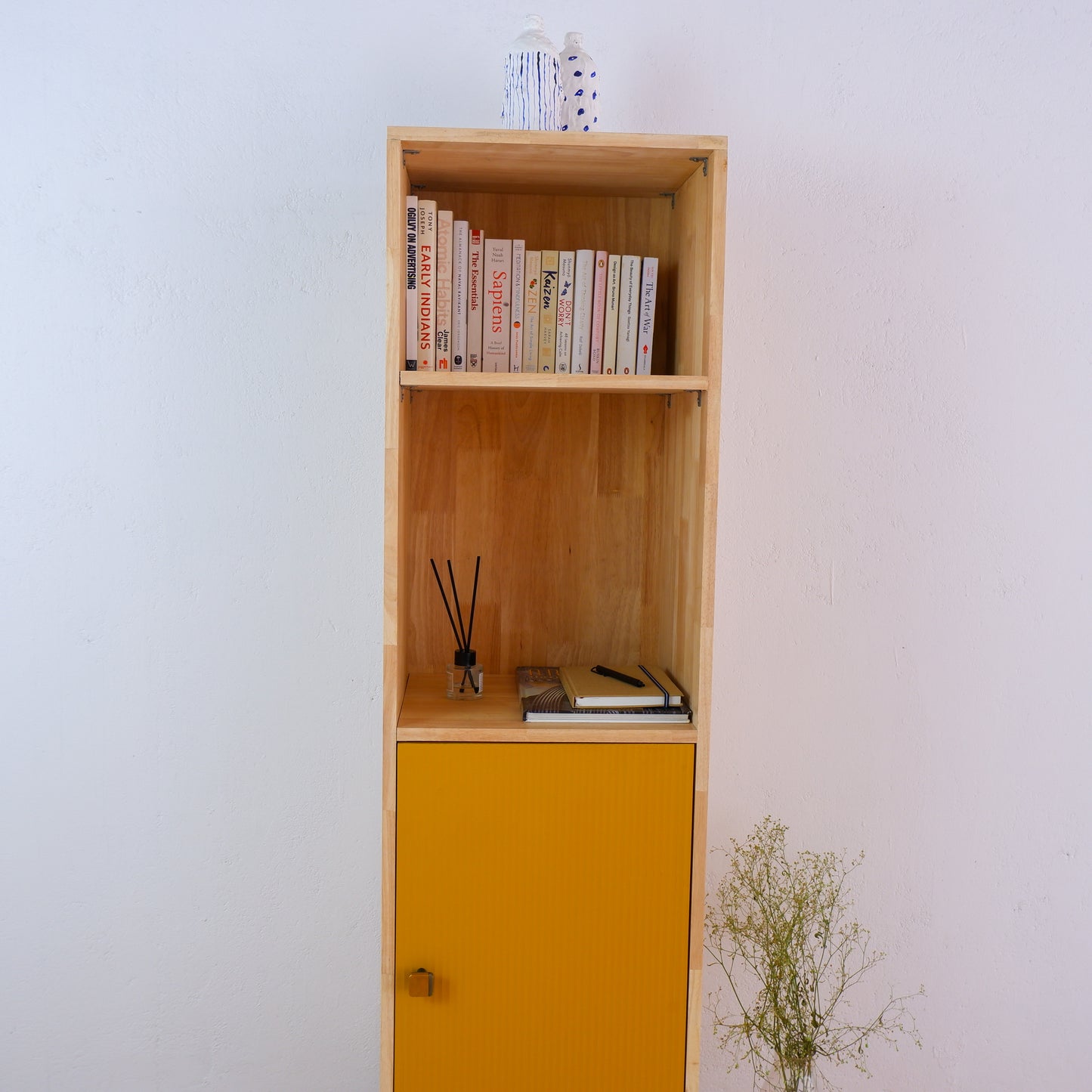 Mid-Century Modern Solid Wood Bookshelf | Pink, Blue & Mustard Yellow Display Cabinet by Woodwala