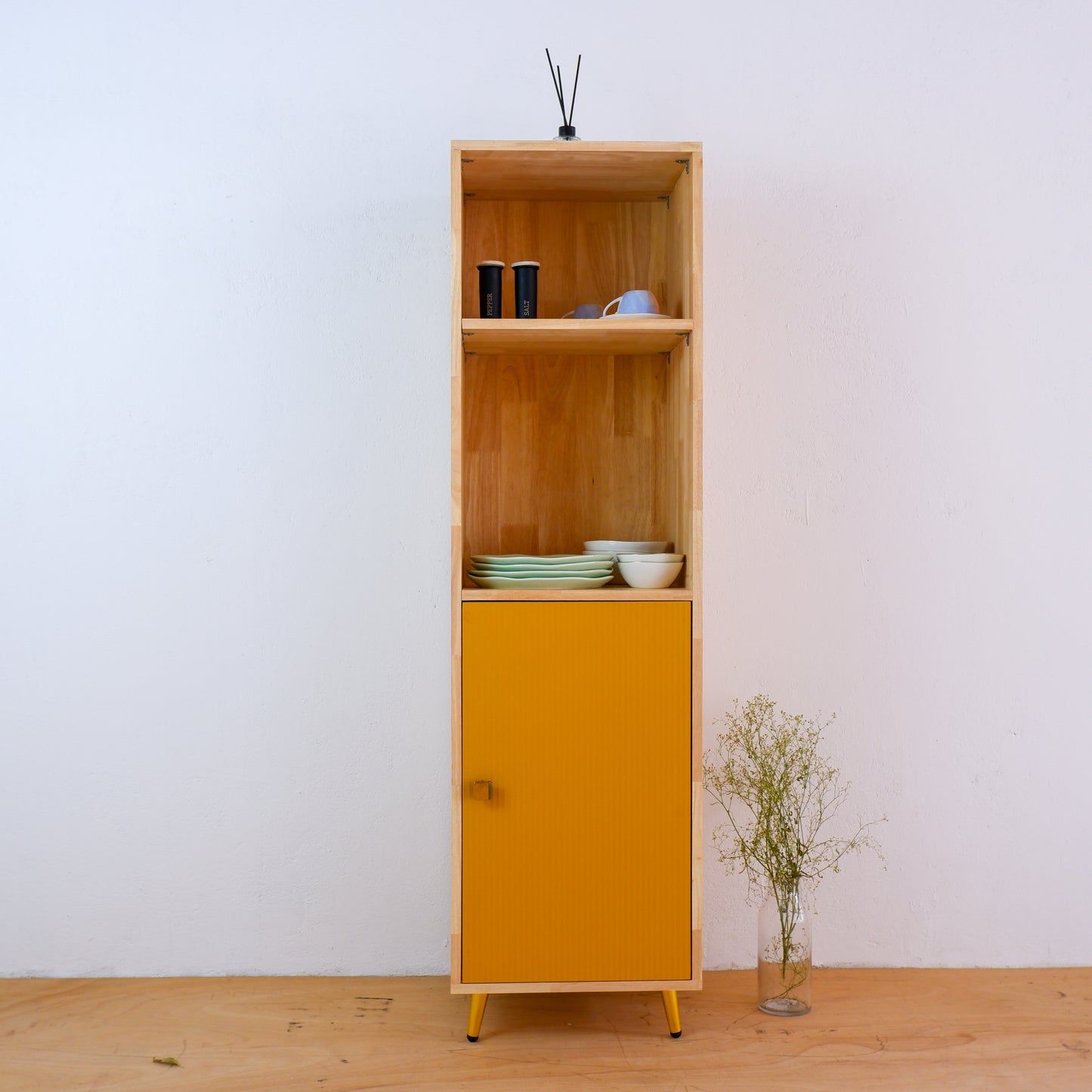 Handmade Wooden Crockery Tall Cabinet | Mid-Century Modern Kitchen Storage | Solid Wood Tall Cabinet in Pink, Blue & Mustard