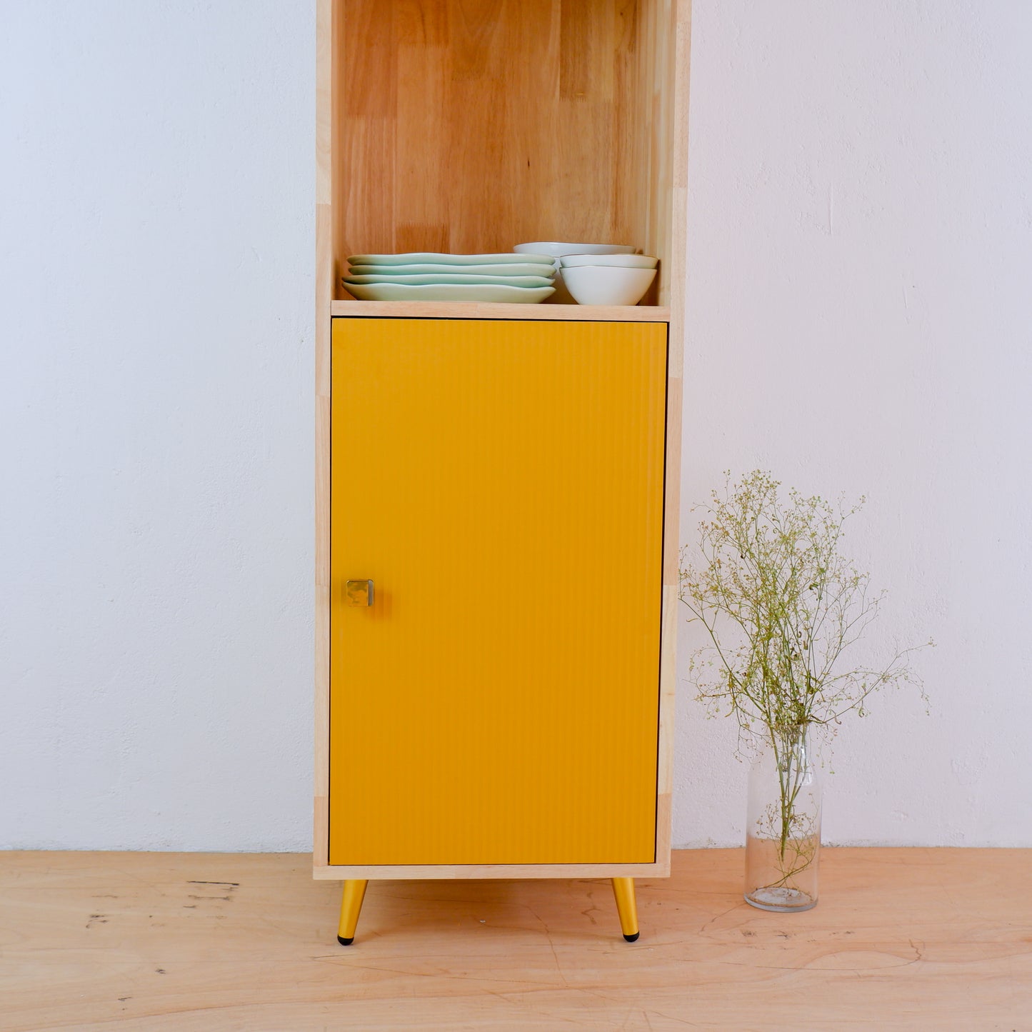 Handmade Wooden Crockery Tall Cabinet | Mid-Century Modern Kitchen Storage | Solid Wood Tall Cabinet in Pink, Blue & Mustard