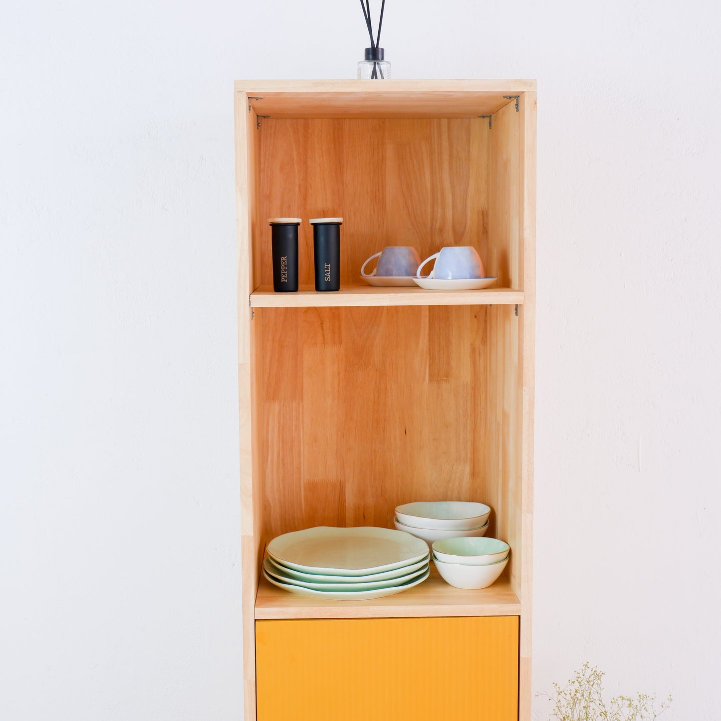 Handmade Wooden Crockery Tall Cabinet | Mid-Century Modern Kitchen Storage | Solid Wood Tall Cabinet in Pink, Blue & Mustard