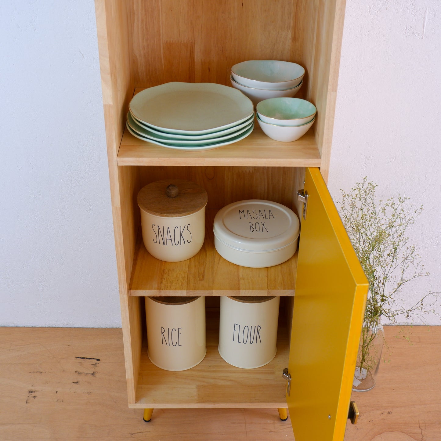 Handmade Wooden Crockery Tall Cabinet | Mid-Century Modern Kitchen Storage | Solid Wood Tall Cabinet in Pink, Blue & Mustard