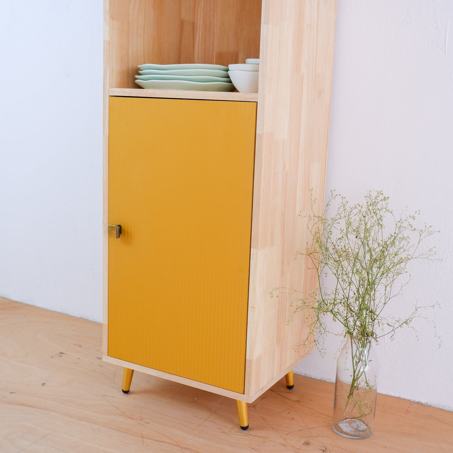 Handmade Wooden Crockery Tall Cabinet | Mid-Century Modern Kitchen Storage | Solid Wood Tall Cabinet in Pink, Blue & Mustard