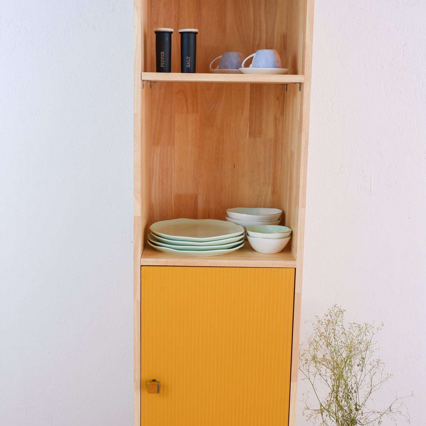 Handmade Wooden Crockery Tall Cabinet | Mid-Century Modern Kitchen Storage | Solid Wood Tall Cabinet in Pink, Blue & Mustard