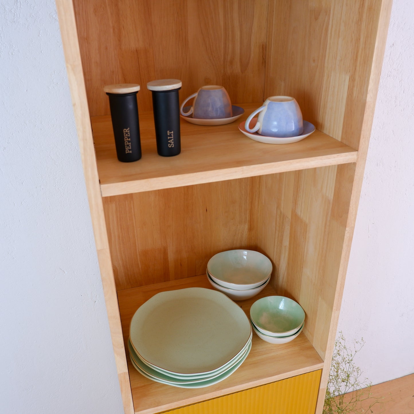 Handmade Wooden Crockery Tall Cabinet | Mid-Century Modern Kitchen Storage | Solid Wood Tall Cabinet in Pink, Blue & Mustard