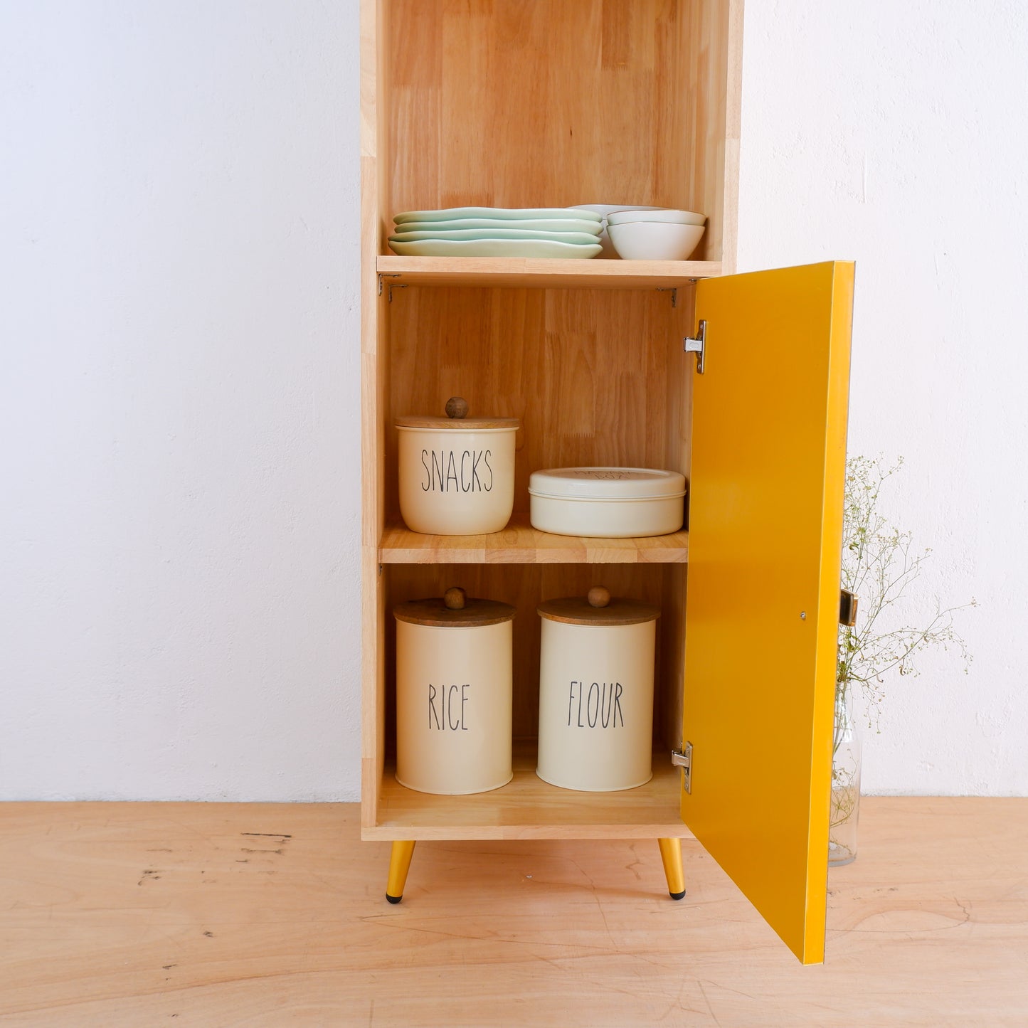 Handmade Wooden Crockery Tall Cabinet | Mid-Century Modern Kitchen Storage | Solid Wood Tall Cabinet in Pink, Blue & Mustard