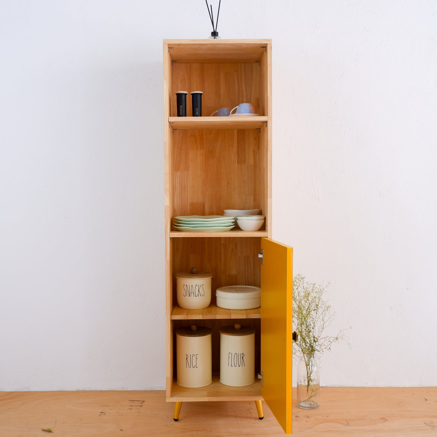 Handmade Wooden Crockery Tall Cabinet | Mid-Century Modern Kitchen Storage | Solid Wood Tall Cabinet in Pink, Blue & Mustard