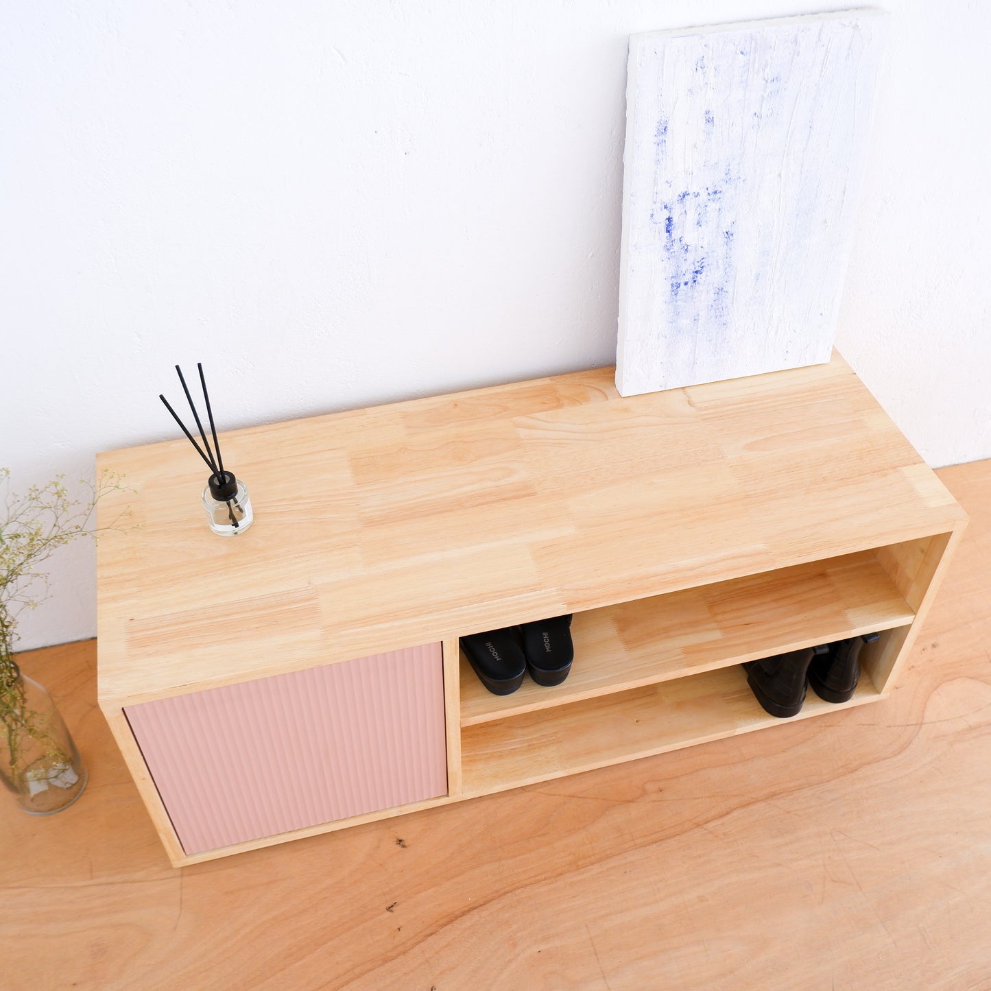 Handmade Solid Wood Shoe Rack | Mid-Century Entryway Organizer | Fluted Door Bench by Woodwala