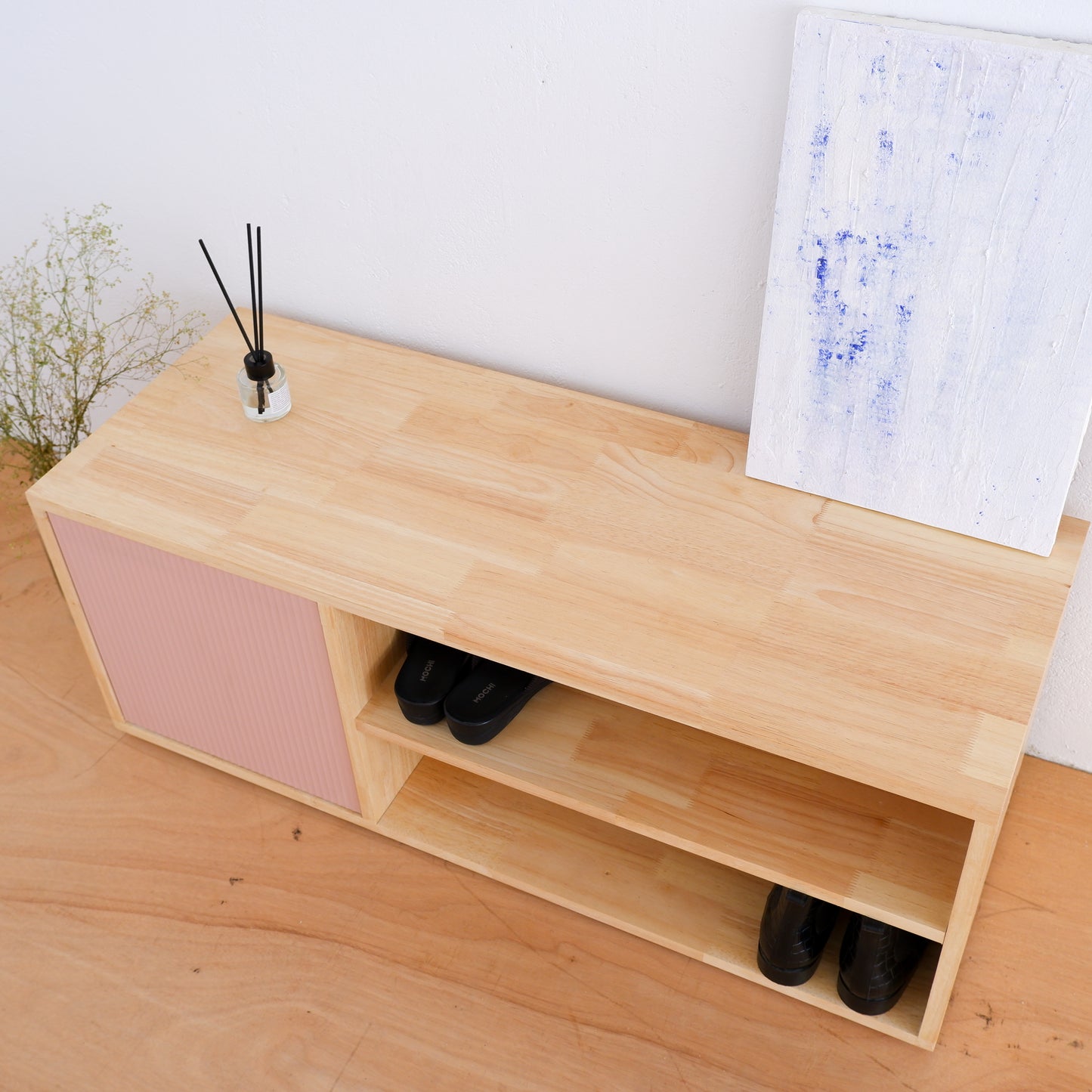 Handmade Solid Wood Shoe Rack | Mid-Century Entryway Organizer | Fluted Door Bench by Woodwala