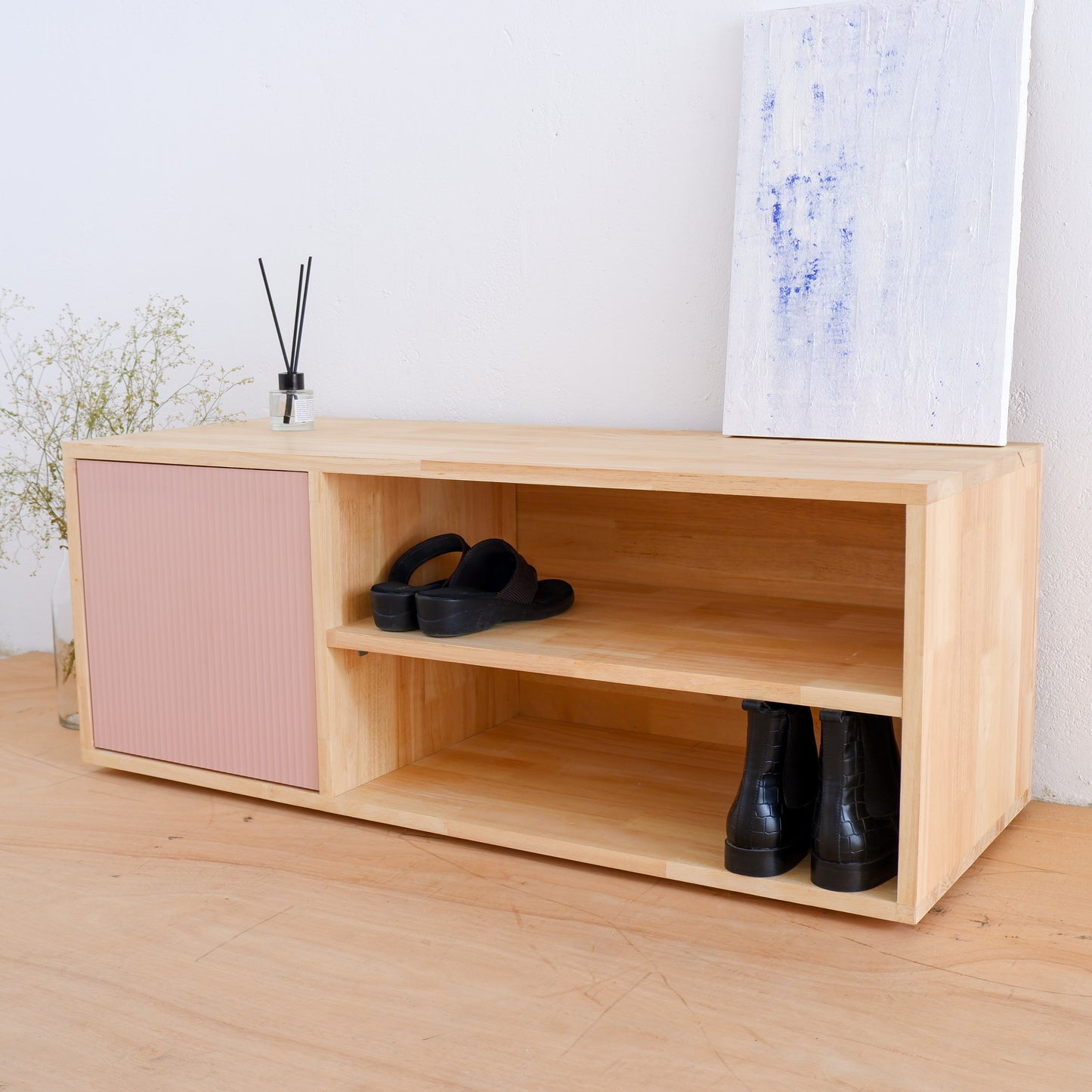 Handmade Solid Wood Shoe Rack | Mid-Century Entryway Organizer | Fluted Door Bench by Woodwala