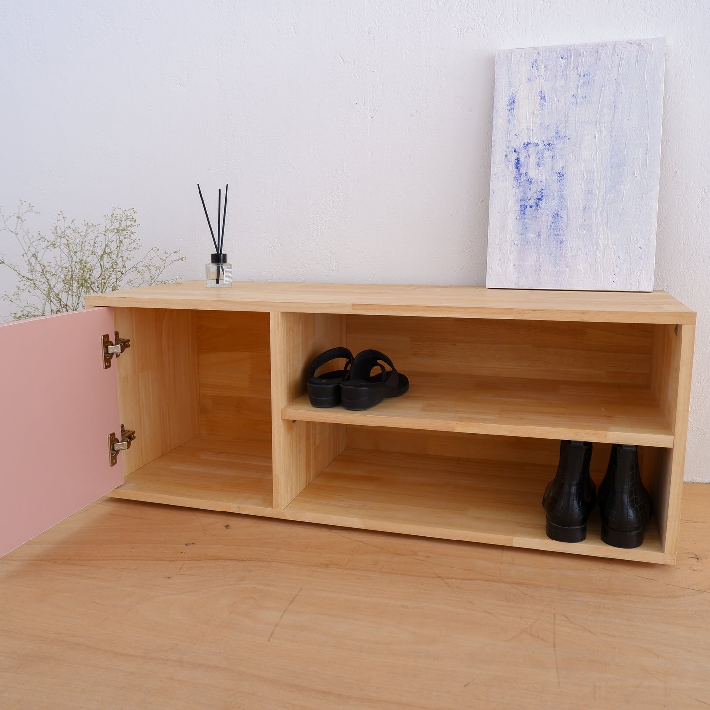 Handmade Solid Wood Shoe Rack | Mid-Century Entryway Organizer | Fluted Door Bench by Woodwala