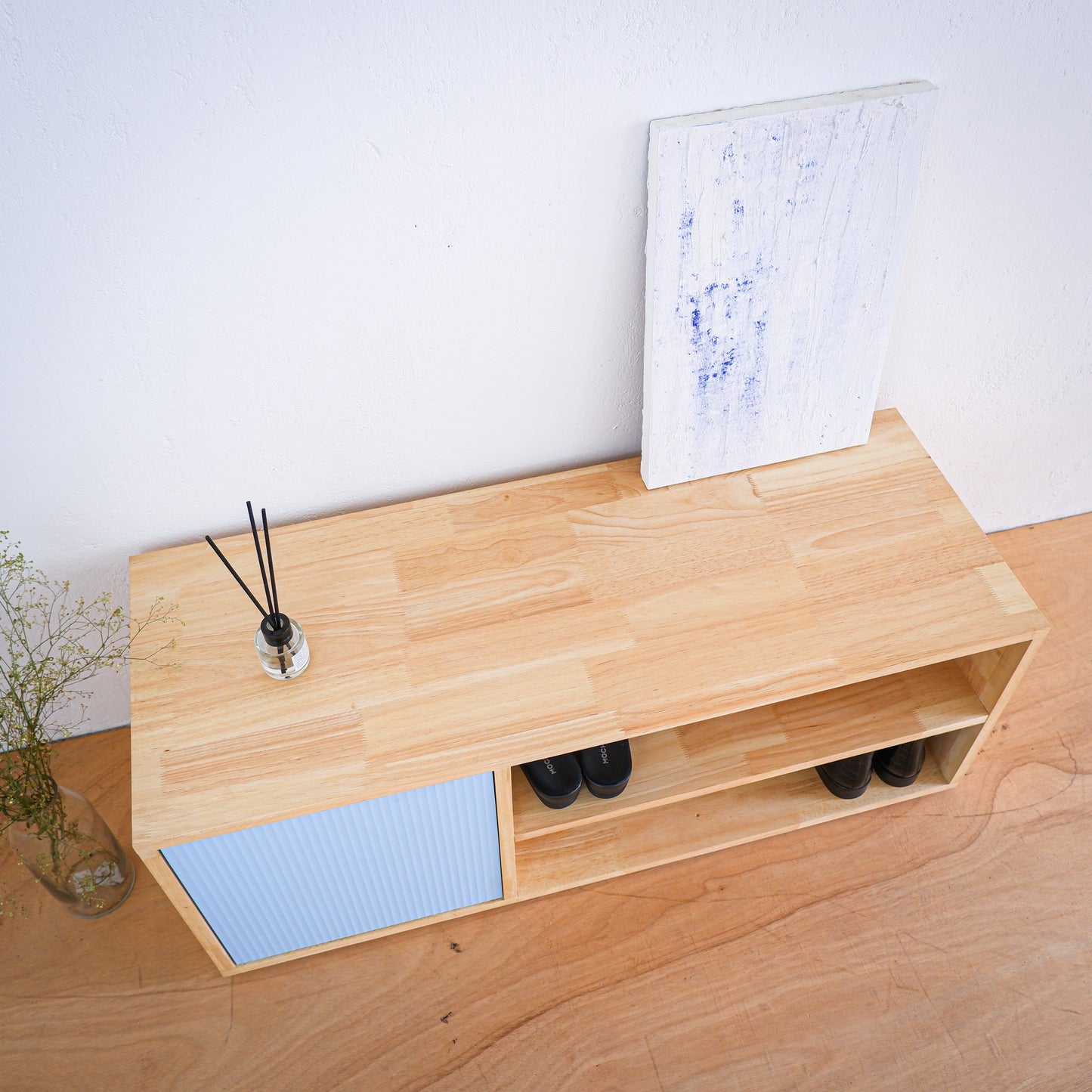 Handmade Solid Wood Shoe Rack | Mid-Century Entryway Organizer | Fluted Door Bench by Woodwala