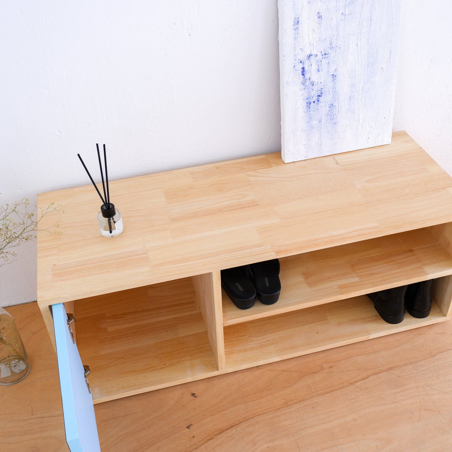 Handmade Solid Wood Shoe Rack | Mid-Century Entryway Organizer | Fluted Door Bench by Woodwala