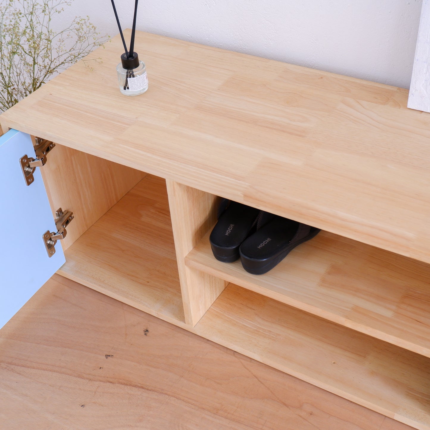 Handmade Solid Wood Shoe Rack | Mid-Century Entryway Organizer | Fluted Door Bench by Woodwala