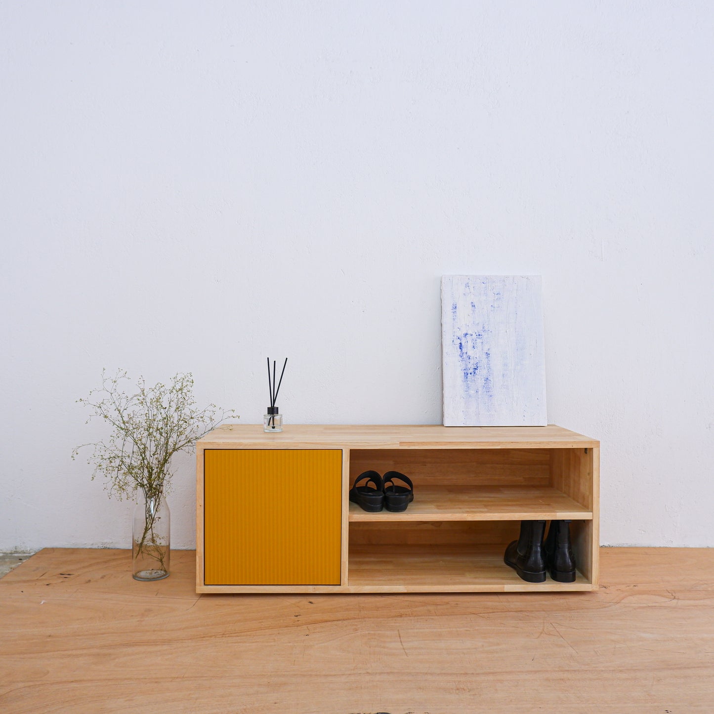 Handmade Solid Wood Shoe Rack | Mid-Century Entryway Organizer | Fluted Door Bench by Woodwala