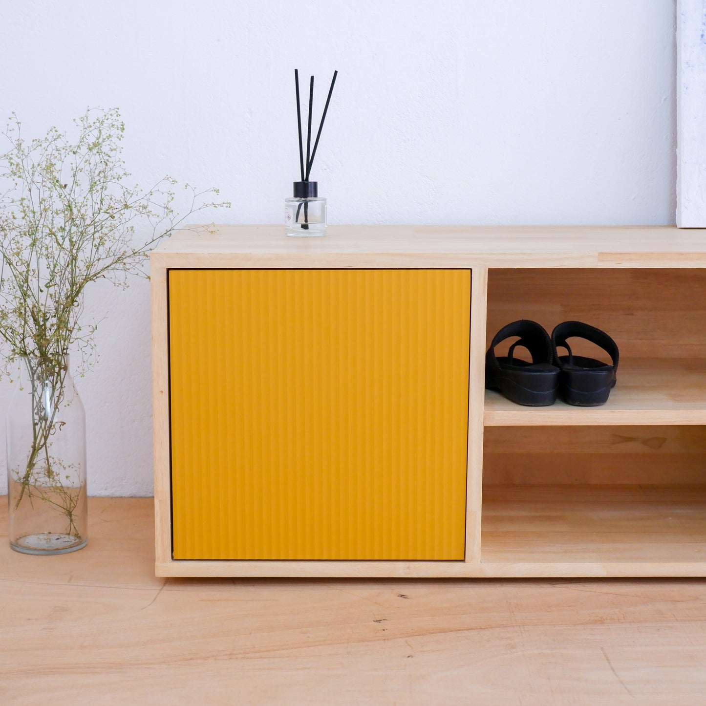 Handmade Solid Wood Shoe Rack | Mid-Century Entryway Organizer | Fluted Door Bench by Woodwala