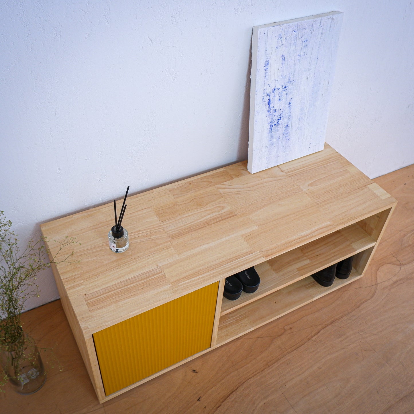 Handmade Solid Wood Shoe Rack | Mid-Century Entryway Organizer | Fluted Door Bench by Woodwala