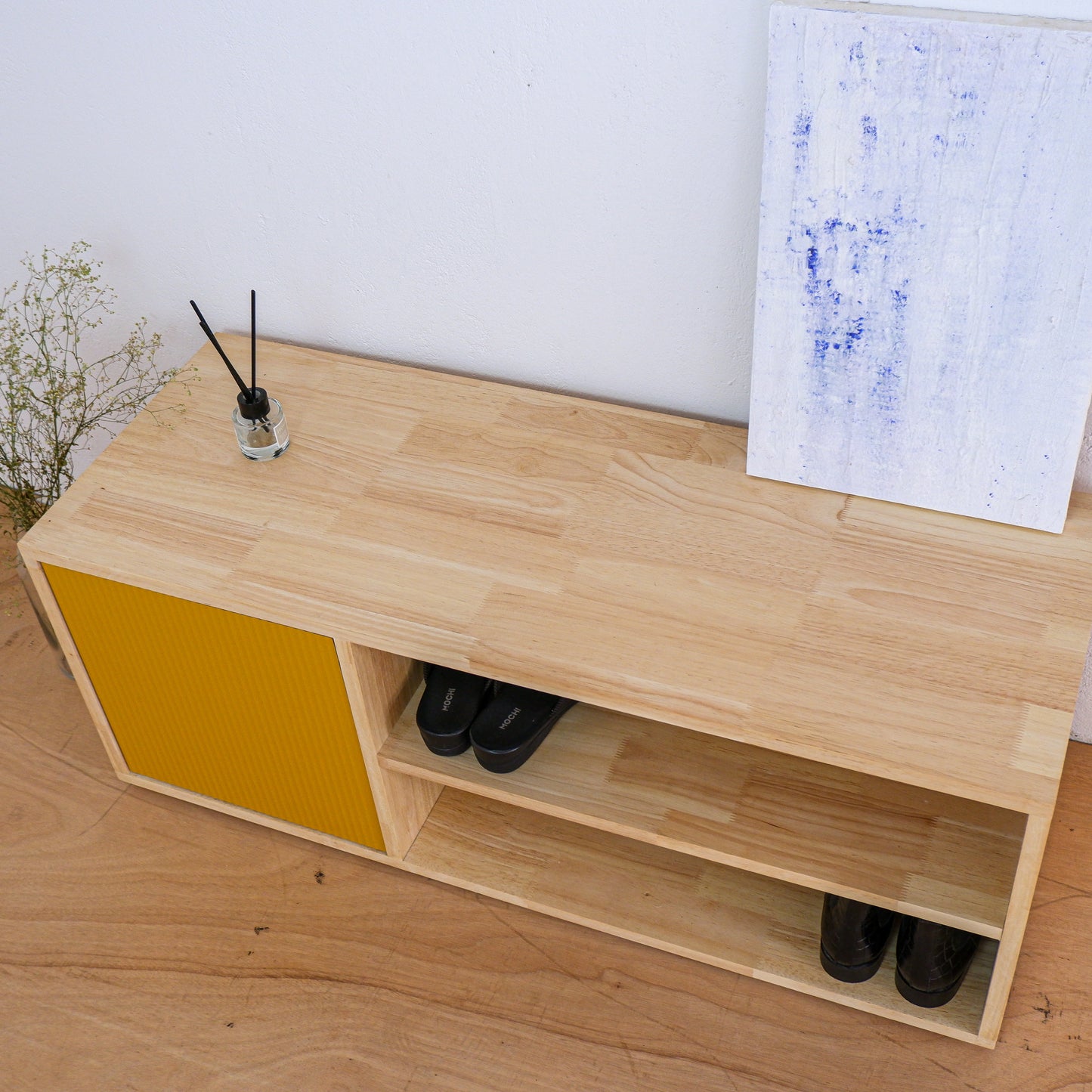 Handmade Solid Wood Shoe Rack | Mid-Century Entryway Organizer | Fluted Door Bench by Woodwala