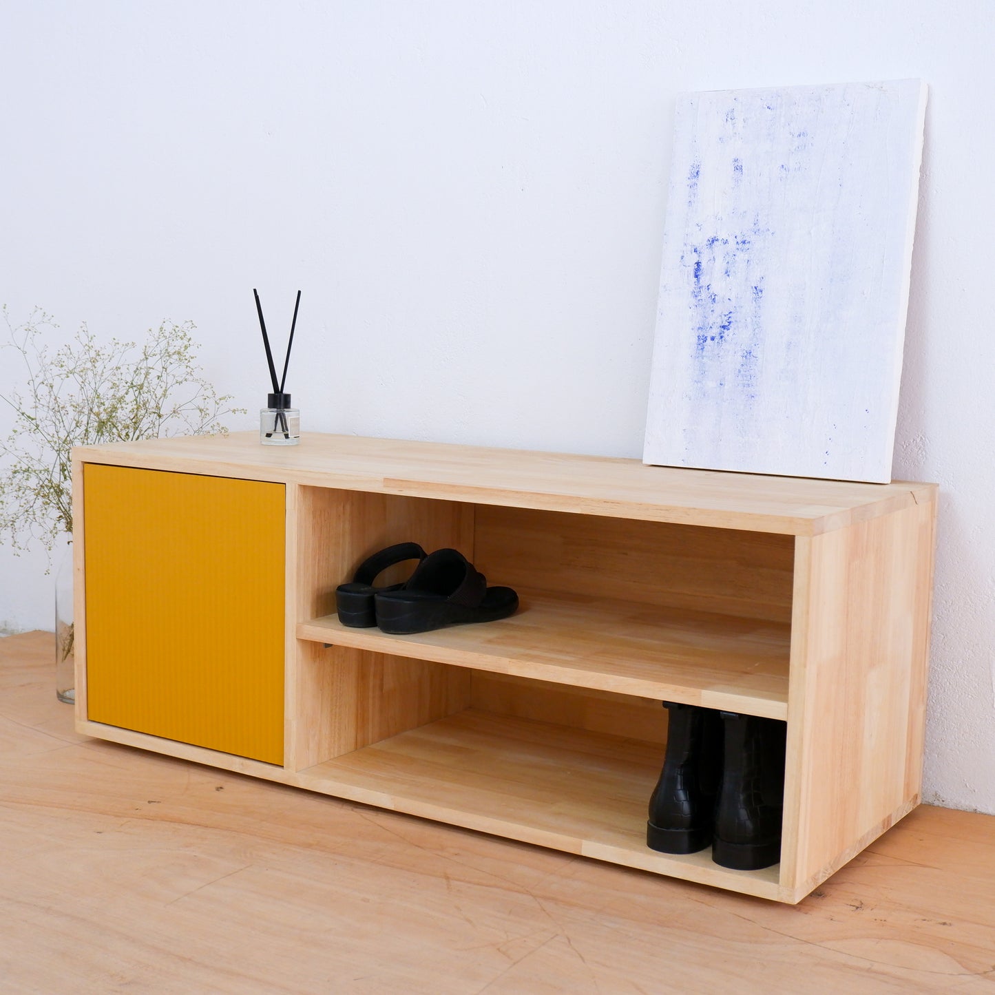 Handmade Solid Wood Shoe Rack | Mid-Century Entryway Organizer | Fluted Door Bench by Woodwala