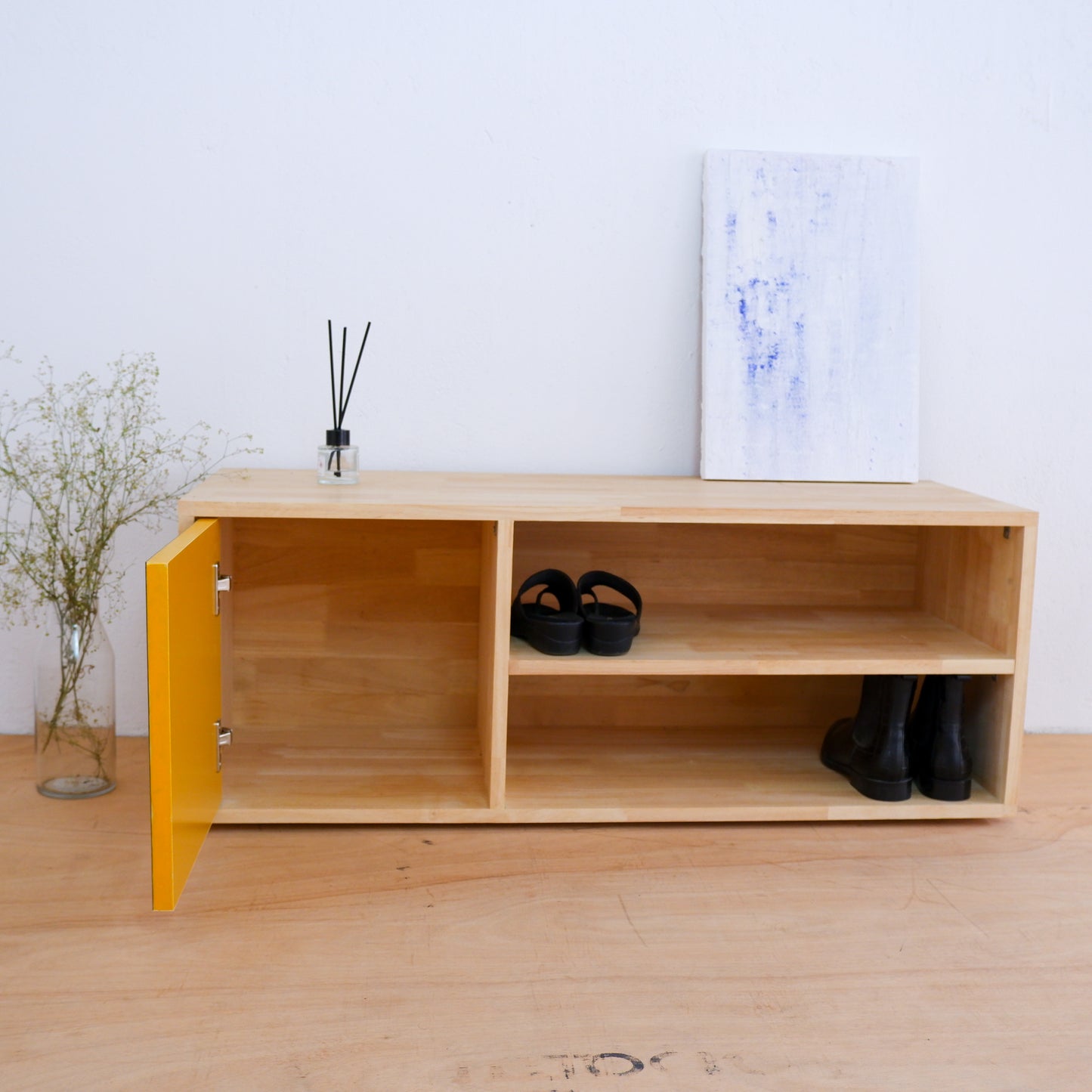 Handmade Solid Wood Shoe Rack | Mid-Century Entryway Organizer | Fluted Door Bench by Woodwala