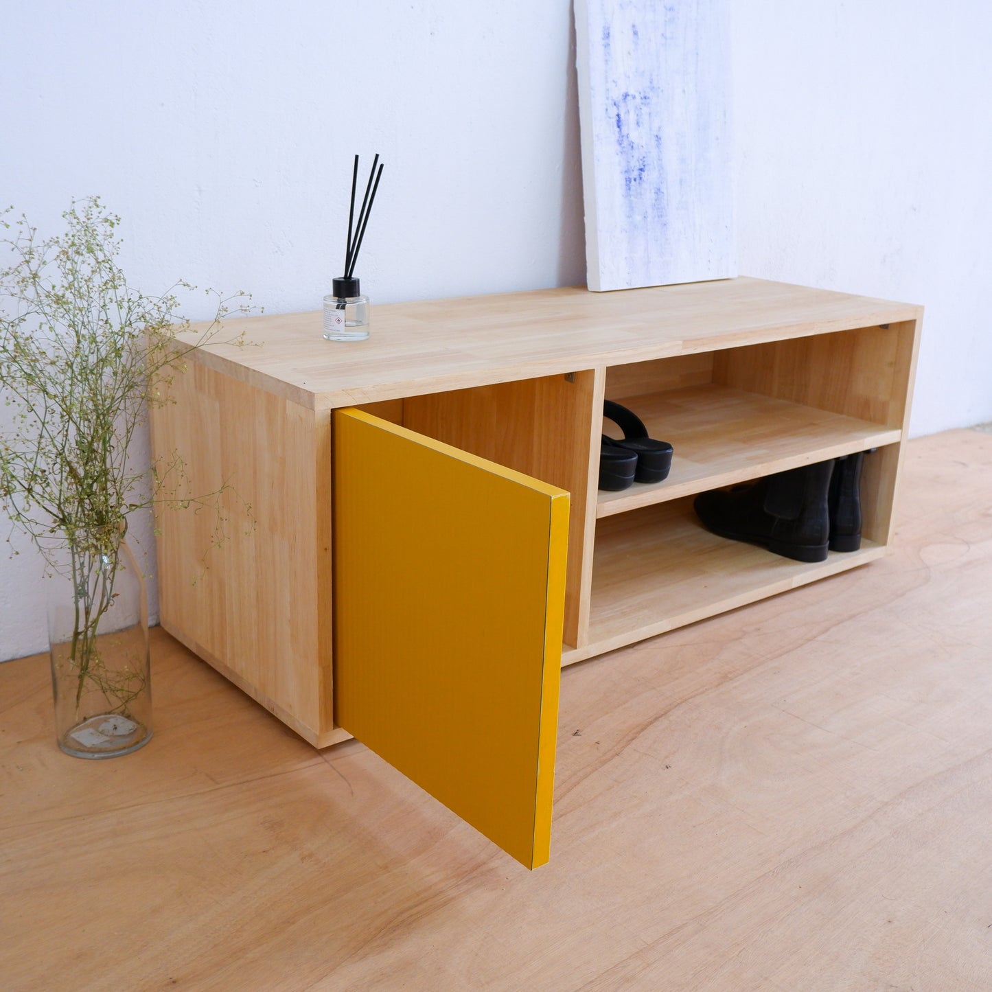 Handmade Solid Wood Shoe Rack | Mid-Century Entryway Organizer | Fluted Door Bench by Woodwala